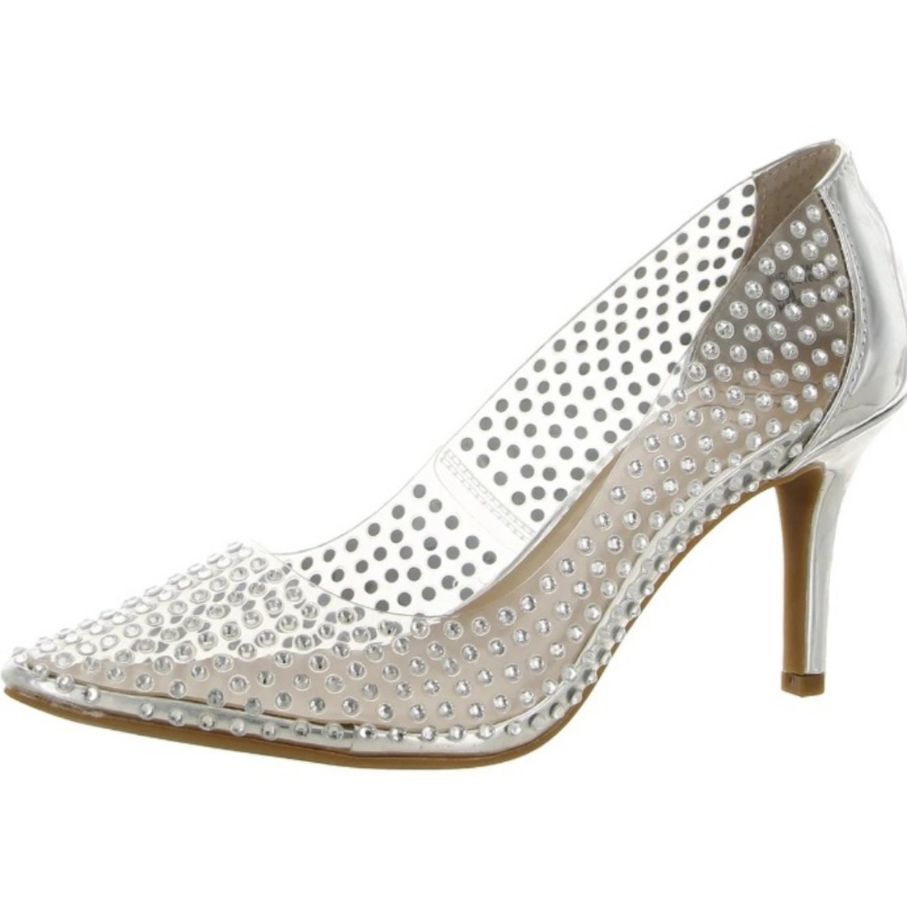 NWT Womens sexy bridal heels Size 8W Clear Vinyl Rhinestone Silver heels 8 wide - Picture 7 of 17